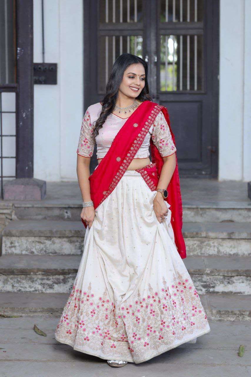 White Vichitra Silk Lehenga Choli with Red Blouse | Sequins & Thread Embroidery | Bridesmaid & Wedding Wear