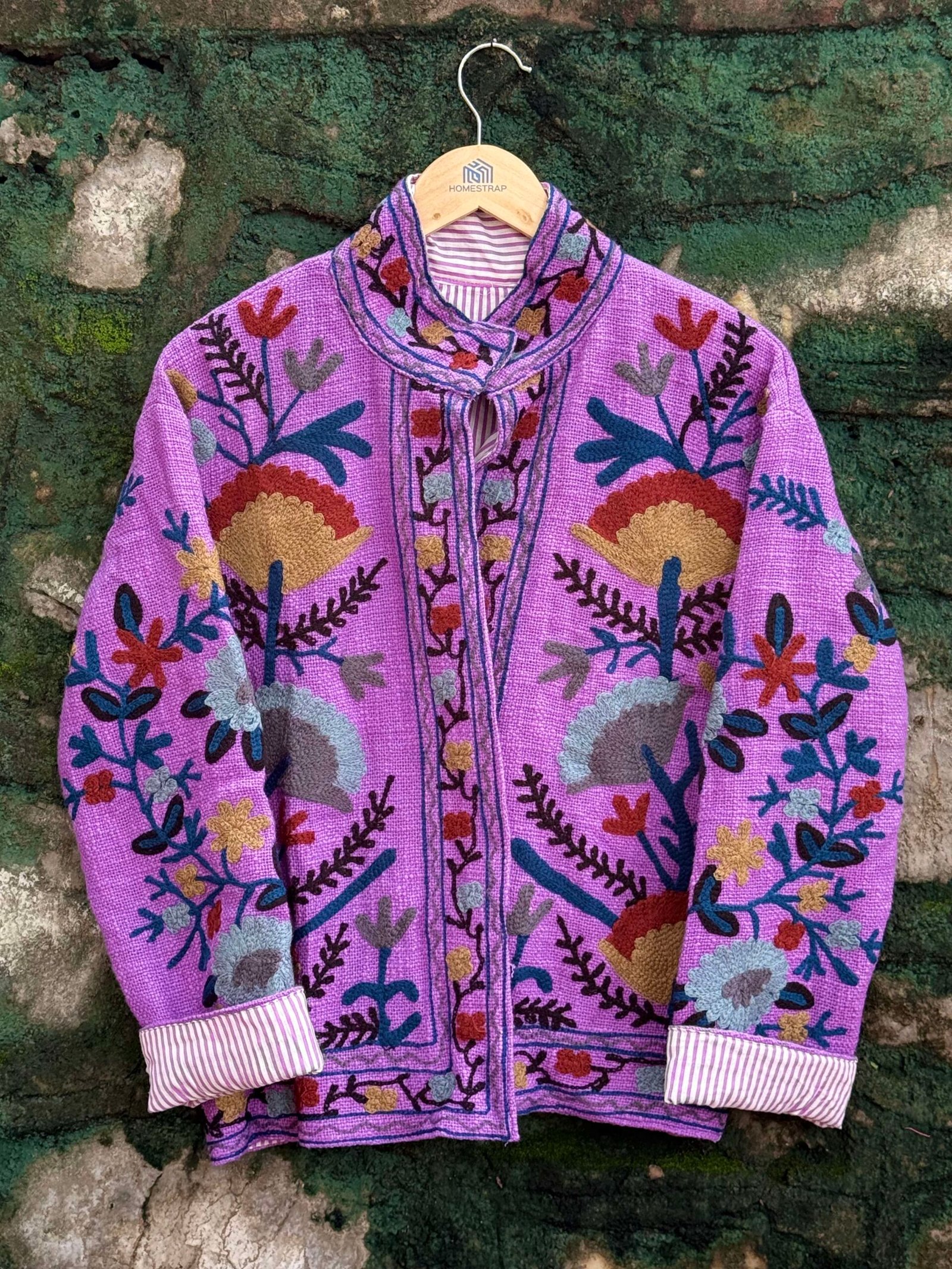 Womens Purple Velvet Embroidered Jacket with Floral Design - Image 4